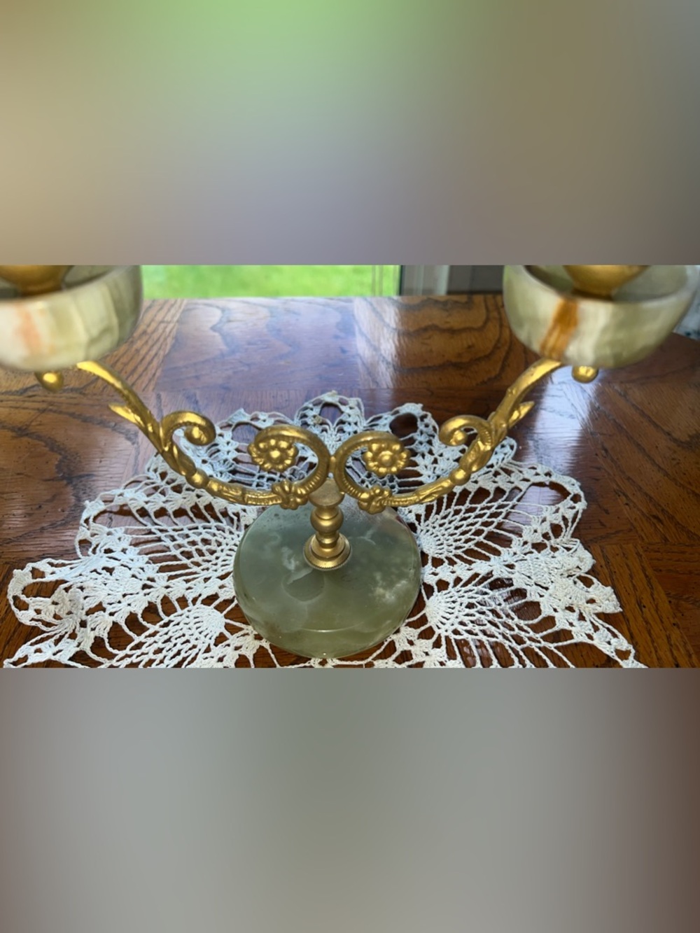 Vintage Two-Arm Jade & Brass Candle Holder - Green - Picture 3 of 4